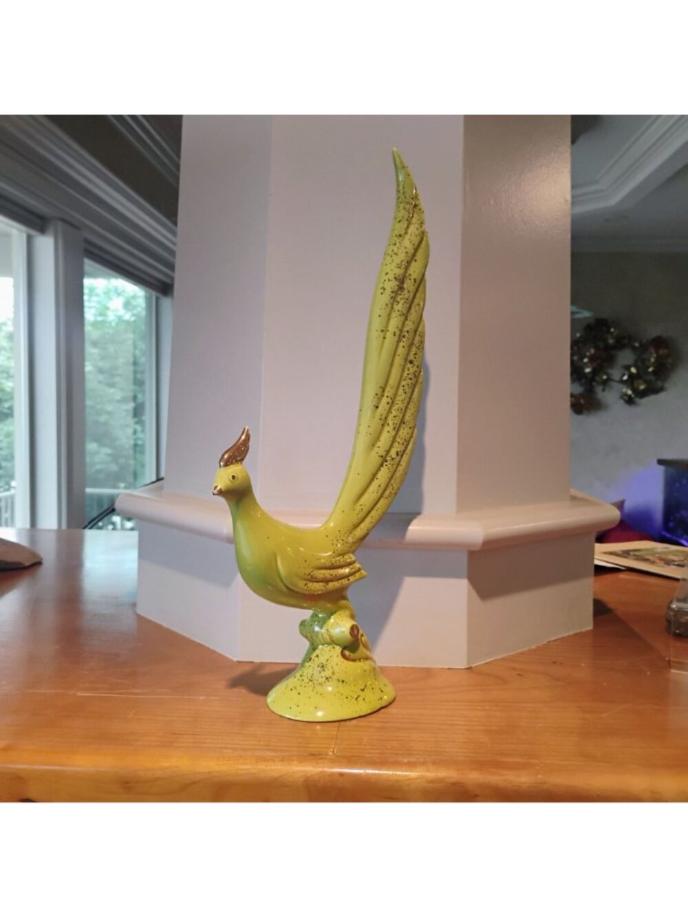 VTG MCM Long Tailed Pheasant Bird Figurine 16.5" Tall Avocado Green & Gold - Picture 4 of 11